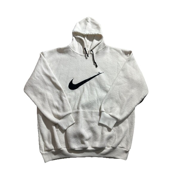 VTG Nike Center Swoosh Fleece Hoodie White Cream Sz XL 100% Cotton USA RARE - Picture 1 of 12